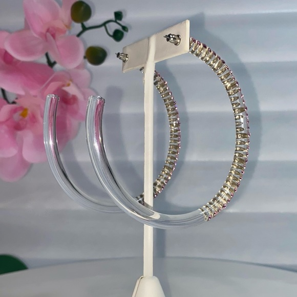 Large Oversized Clear Acrylic Hoop Earrings with Pink Swarovski Crystals - Picture 6 of 14